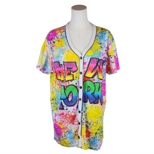 ON FIRE 1X Graffiti New York Jersey Shirt Rainbow Splatter Streetwear